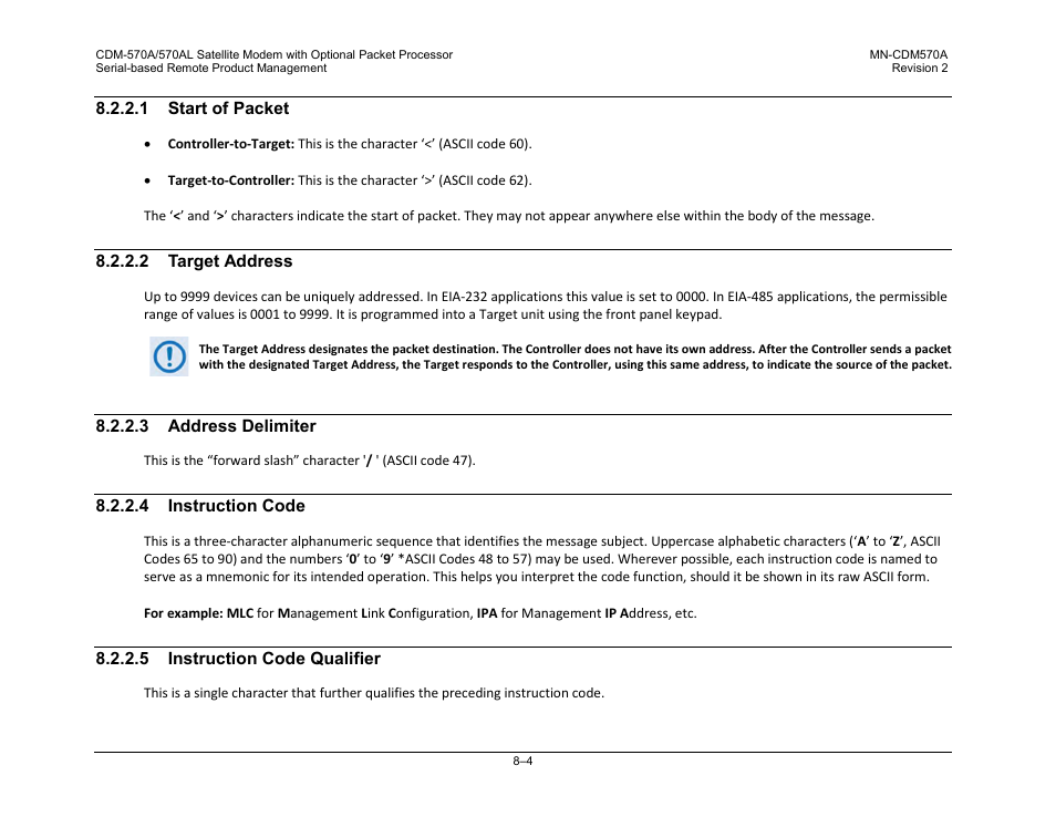 1 start of packet, 2 target address, 3 address delimiter | 4 instruction code, 5 instruction code qualifier | Comtech EF Data CDM-570A User Manual | Page 244 / 618