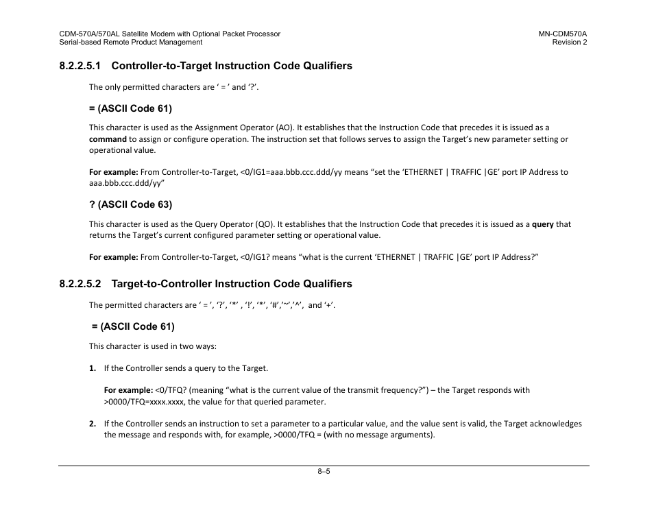 1 controller-to-target instruction code qualifiers, 2 target-to-controller instruction code qualifiers | Comtech EF Data CDM-570A User Manual | Page 245 / 618