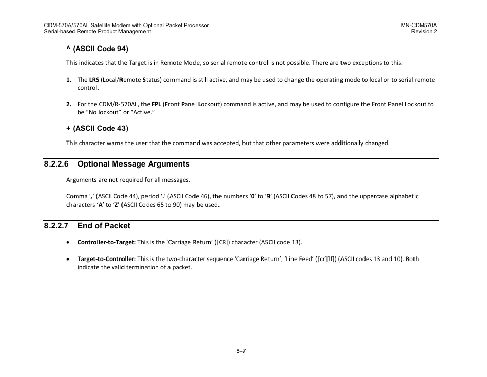 6 optional message arguments, 7 end of packet | Comtech EF Data CDM-570A User Manual | Page 247 / 618