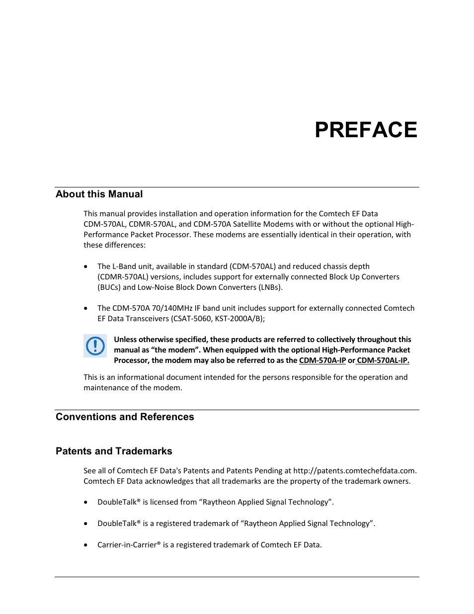 Preface, About this manual, Conventions and references | Patents and trademarks | Comtech EF Data CDM-570A User Manual | Page 27 / 618