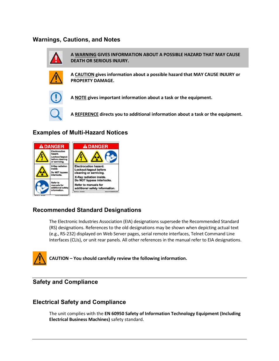 Warnings, cautions, and notes, Examples of multi-hazard notices, Recommended standard designations | Safety and compliance, Electrical safety and compliance | Comtech EF Data CDM-570A User Manual | Page 28 / 618