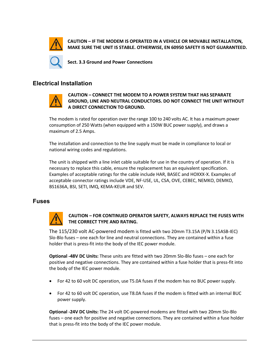 Electrical installation, Fuses | Comtech EF Data CDM-570A User Manual | Page 29 / 618