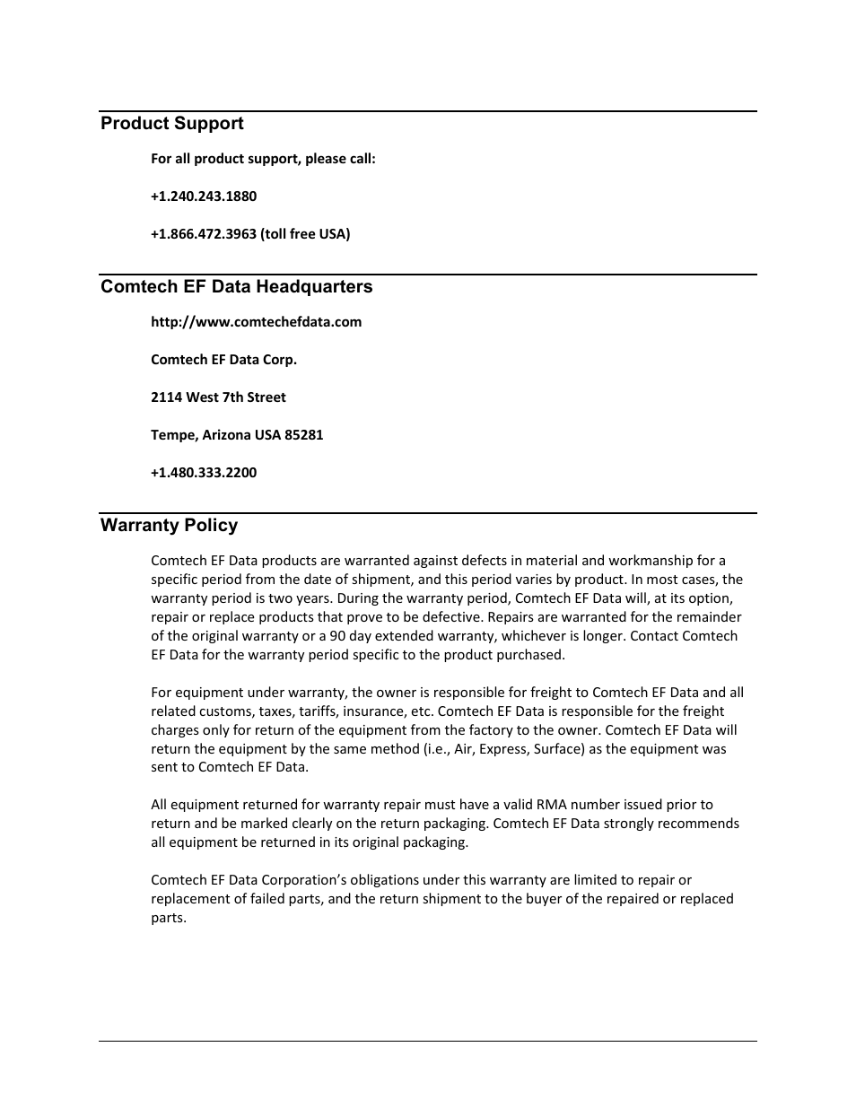 Product support, Comtech ef data headquarters, Warranty policy | Comtech EF Data CDM-570A User Manual | Page 33 / 618