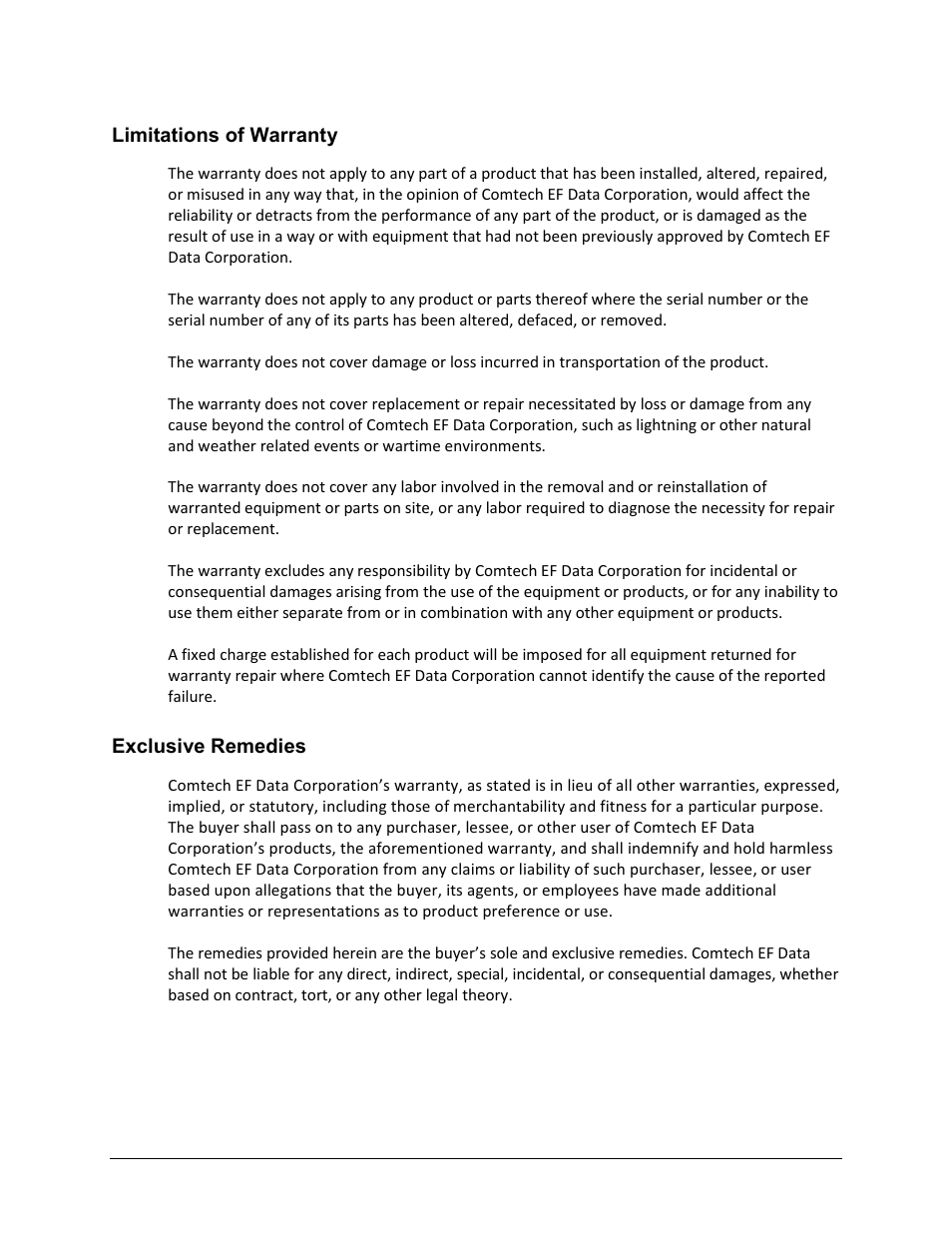 Limitations of warranty, Exclusive remedies | Comtech EF Data CDM-570A User Manual | Page 34 / 618