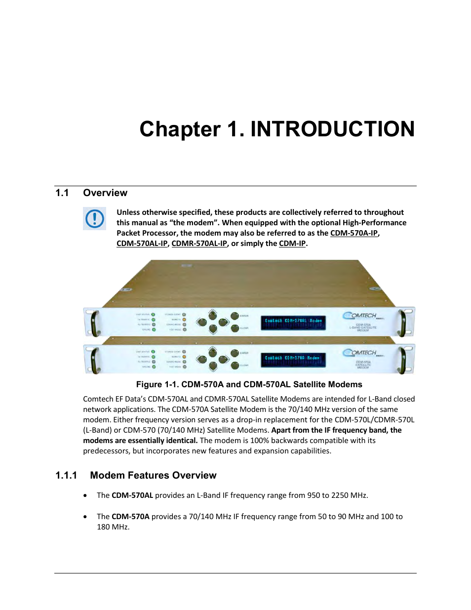 Chapter 1. introduction, 1 overview, 1 modem features overview | Comtech EF Data CDM-570A User Manual | Page 35 / 618