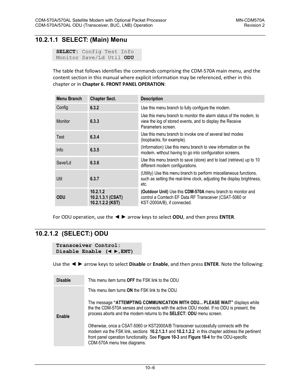 1 select: (main) menu, 2 (select:) odu | Comtech EF Data CDM-570A User Manual | Page 380 / 618