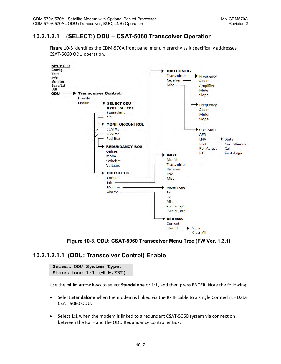 1 (select:) odu – csat-5060 transceiver operation, 1 (odu: transceiver control) enable, 1 and | Ee figure 10-3 and | Comtech EF Data CDM-570A User Manual | Page 381 / 618