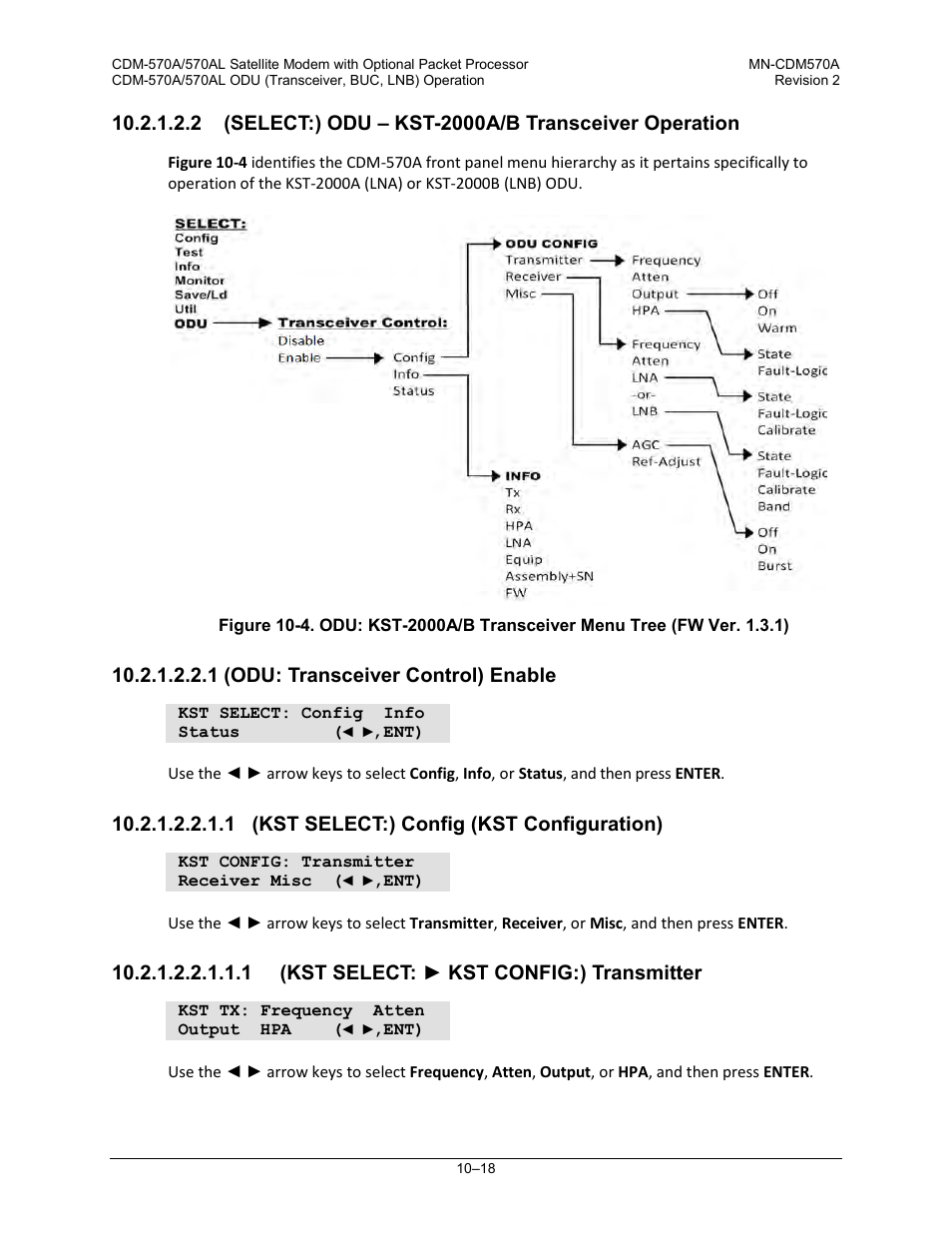 1 (odu: transceiver control) enable, 1 (kst select:) config (kst configuration), 1 (kst select: ► kst config:) transmitter | Figure 10-4 fo | Comtech EF Data CDM-570A User Manual | Page 392 / 618