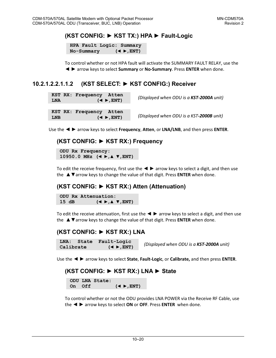 2 (kst select: ► kst config:) receiver | Comtech EF Data CDM-570A User Manual | Page 394 / 618