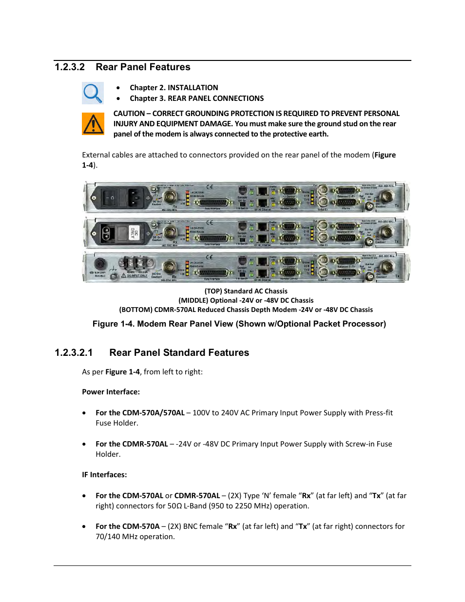 2 rear panel features, 1 rear panel standard features | Comtech EF Data CDM-570A User Manual | Page 41 / 618