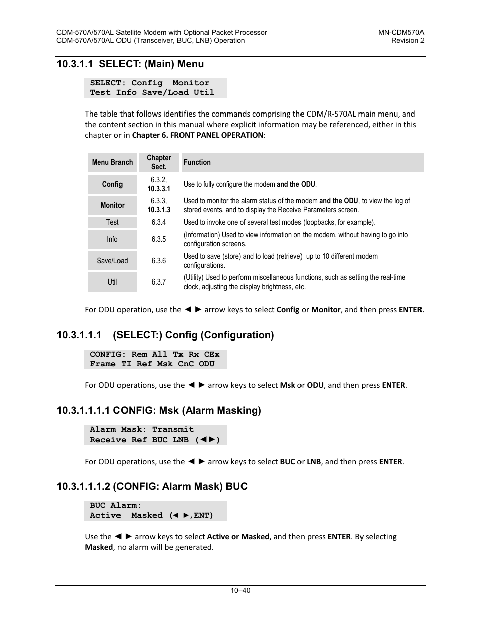 1 select: (main) menu, 1 (select:) config (configuration), 1 config: msk (alarm masking) | 2 (config: alarm mask) buc | Comtech EF Data CDM-570A User Manual | Page 414 / 618