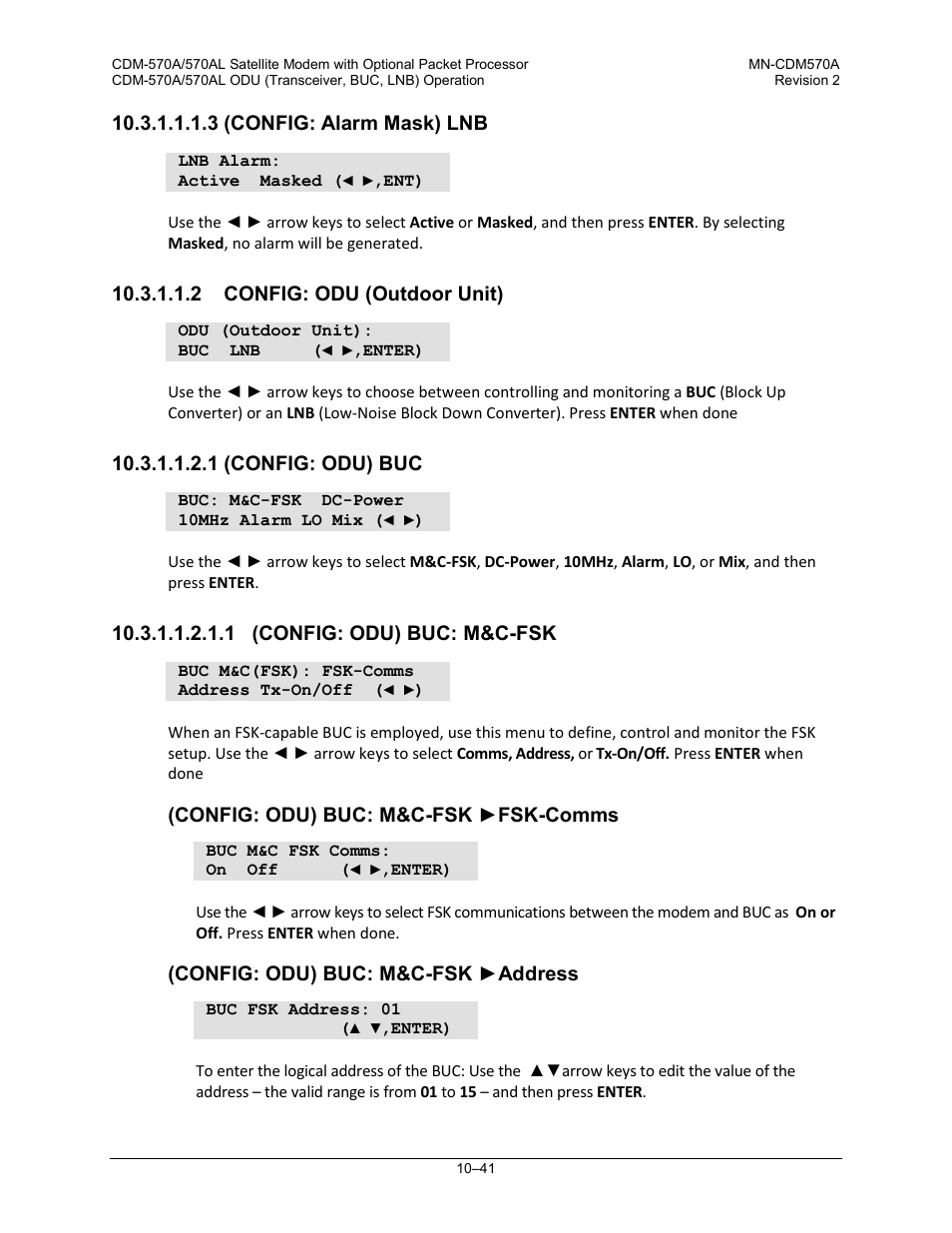 3 (config: alarm mask) lnb, 2 config: odu (outdoor unit), 1 (config: odu) buc | 1 (config: odu) buc: m&c-fsk | Comtech EF Data CDM-570A User Manual | Page 415 / 618