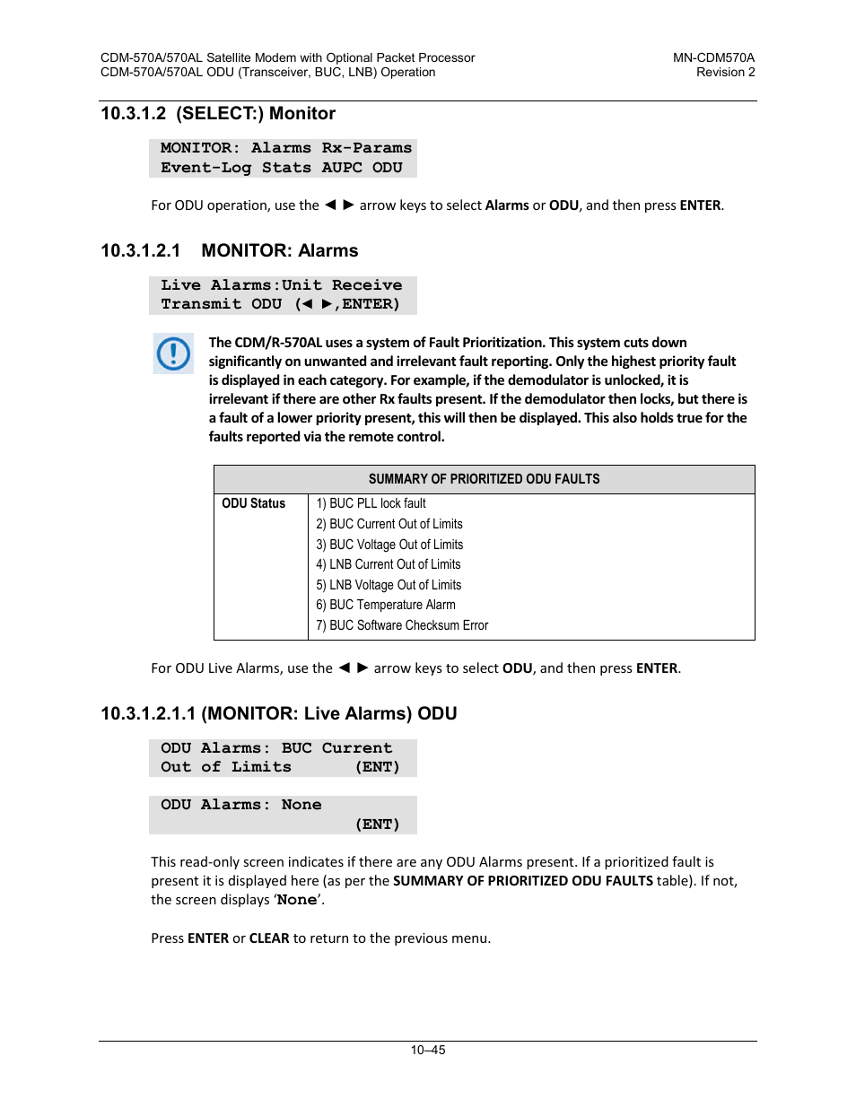 2 (select:) monitor, 1 monitor: alarms, 1 (monitor: live alarms) odu | Comtech EF Data CDM-570A User Manual | Page 419 / 618