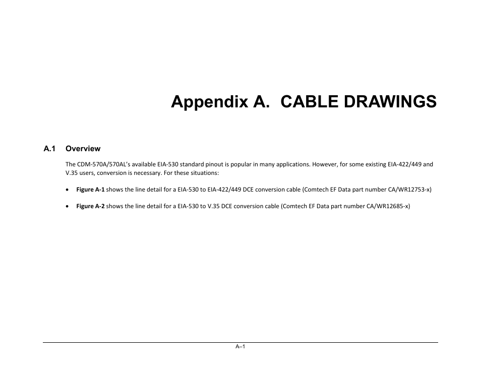 Appendix a. cable drawings, A.1 overview | Comtech EF Data CDM-570A User Manual | Page 425 / 618