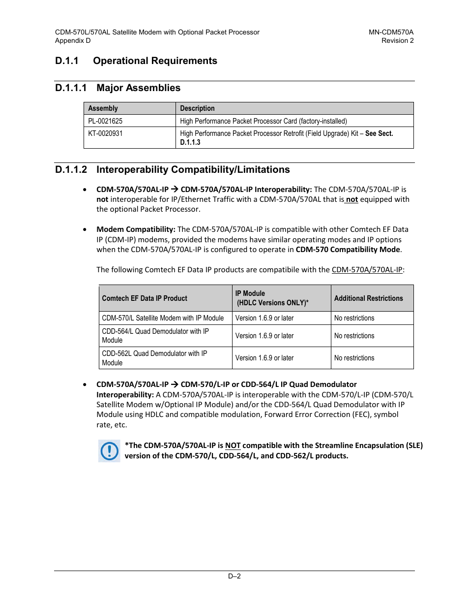 D.1.1 operational requirements, D.1.1.1 major assemblies, D.1.1.2 interoperability compatibility/limitations | Comtech EF Data CDM-570A User Manual | Page 460 / 618