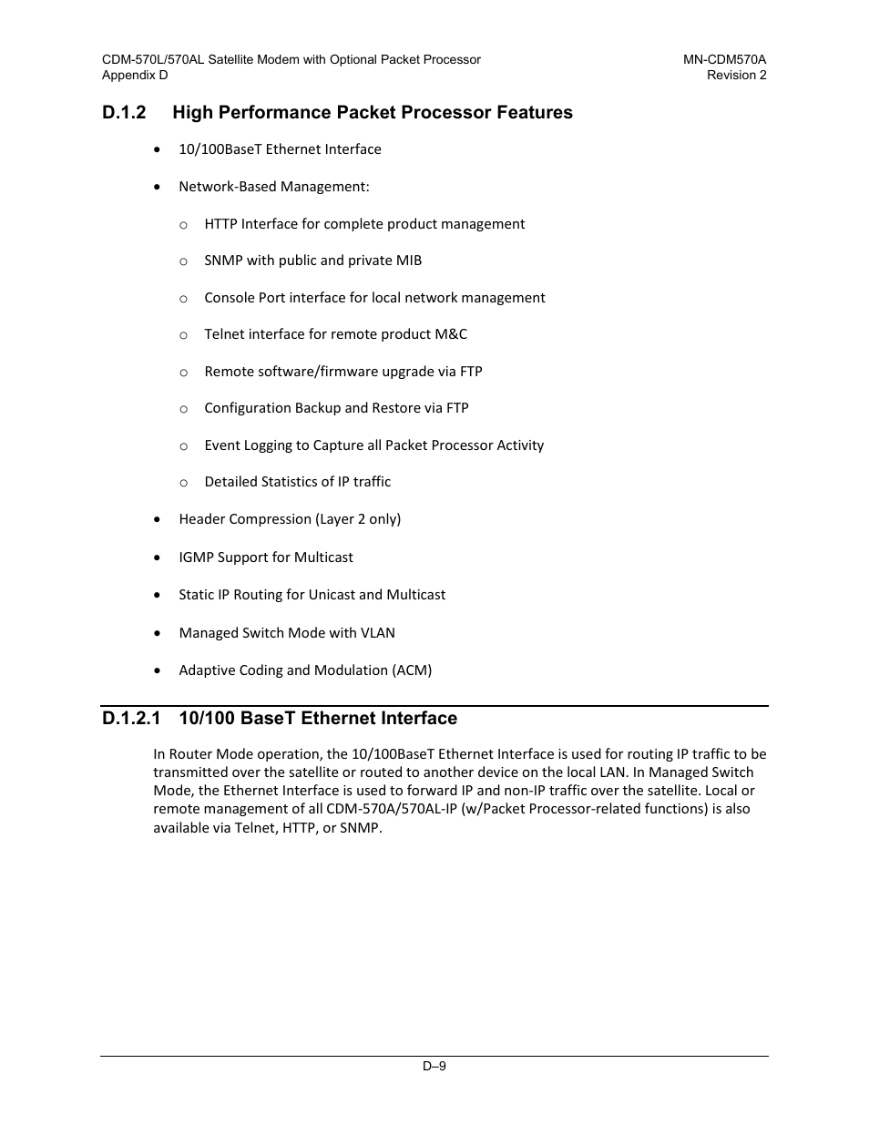 D.1.2 high performance packet processor features, D.1.2.1 10/100 baset ethernet interface | Comtech EF Data CDM-570A User Manual | Page 467 / 618