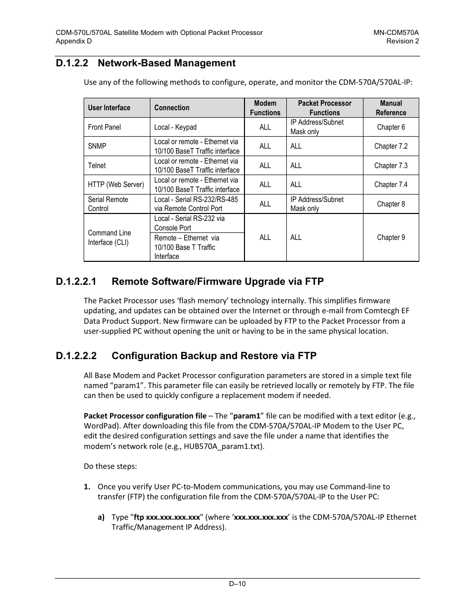 D.1.2.2 network-based management, D.1.2.2.1 remote software/firmware upgrade via ftp, D.1.2.2.2 configuration backup and restore via ftp | Comtech EF Data CDM-570A User Manual | Page 468 / 618