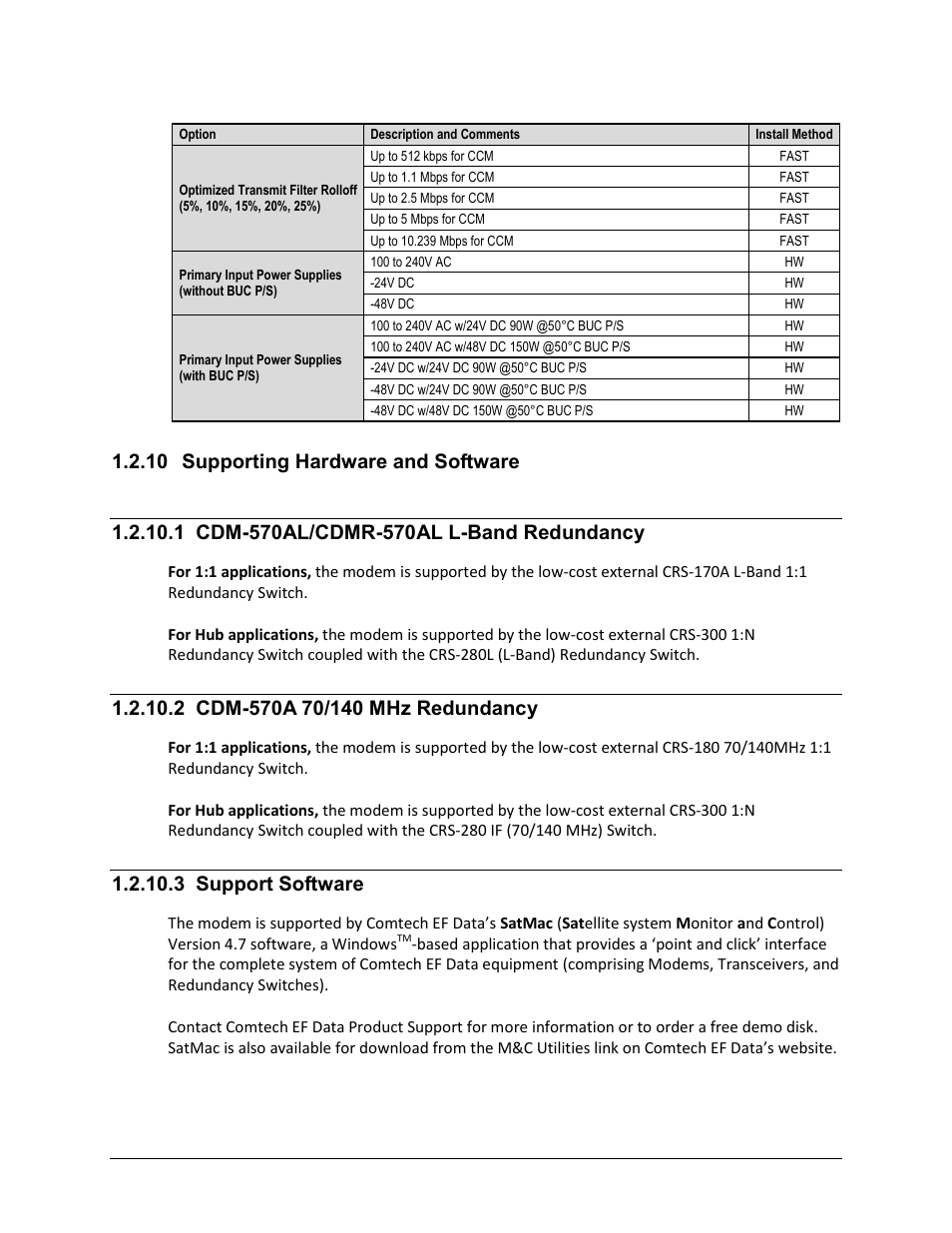 10 supporting hardware and software, 1 cdm-570al/cdmr-570al l-band redundancy, 2 cdm-570a 70/140 mhz redundancy | 3 support software | Comtech EF Data CDM-570A User Manual | Page 47 / 618