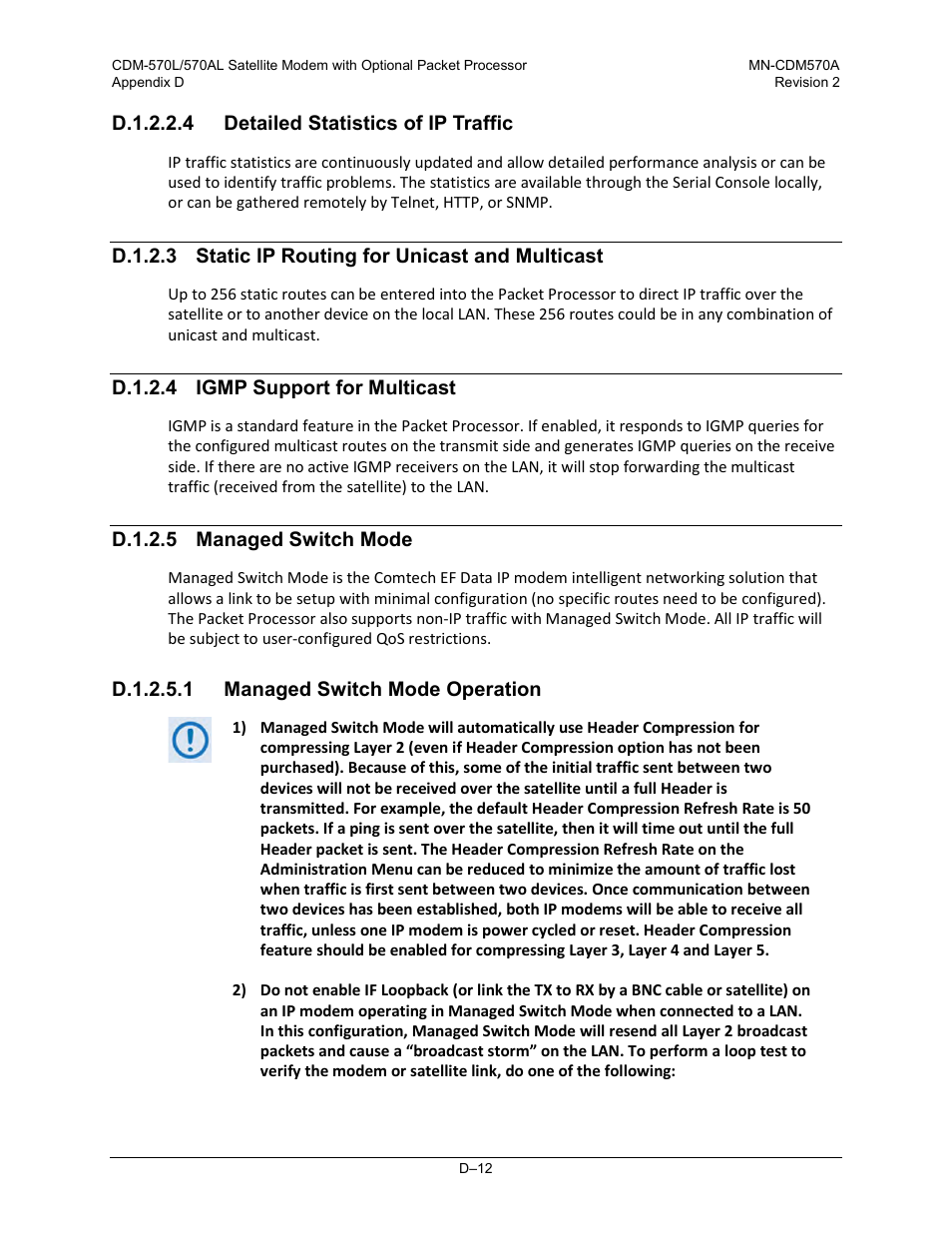 D.1.2.2.4 detailed statistics of ip traffic, D.1.2.4 igmp support for multicast, D.1.2.5 managed switch mode | D.1.2.5.1 managed switch mode operation | Comtech EF Data CDM-570A User Manual | Page 470 / 618