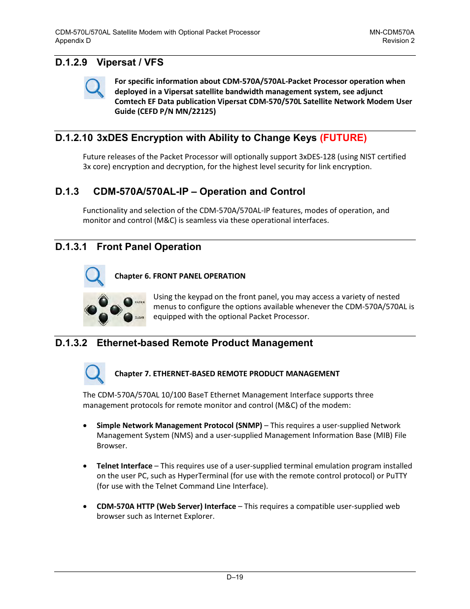 D.1.2.9 vipersat / vfs, D.1.3 cdm-570a/570al-ip – operation and control, D.1.3.1 front panel operation | D.1.3.2 ethernet-based remote product management | Comtech EF Data CDM-570A User Manual | Page 477 / 618