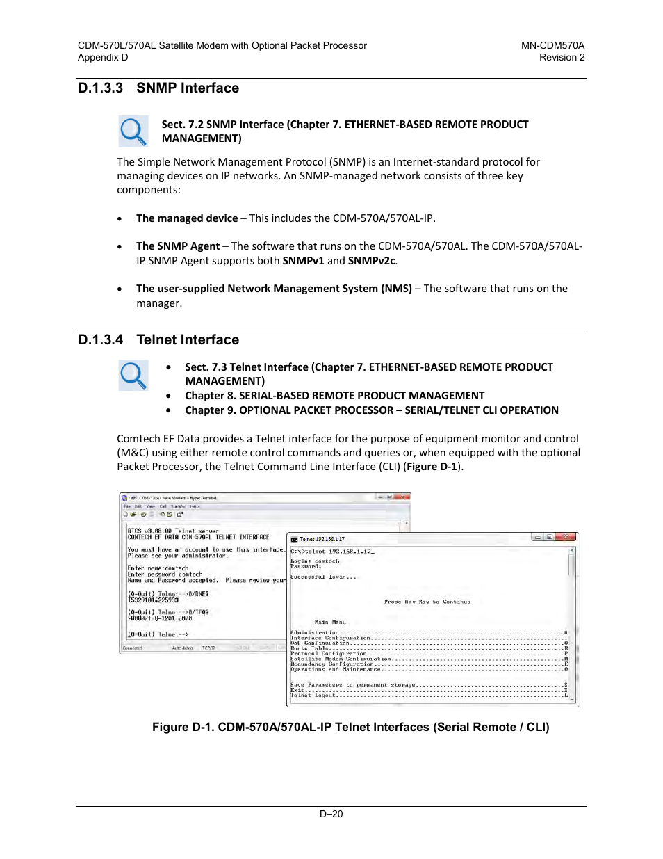 D.1.3.3 snmp interface, D.1.3.4 telnet interface | Comtech EF Data CDM-570A User Manual | Page 478 / 618