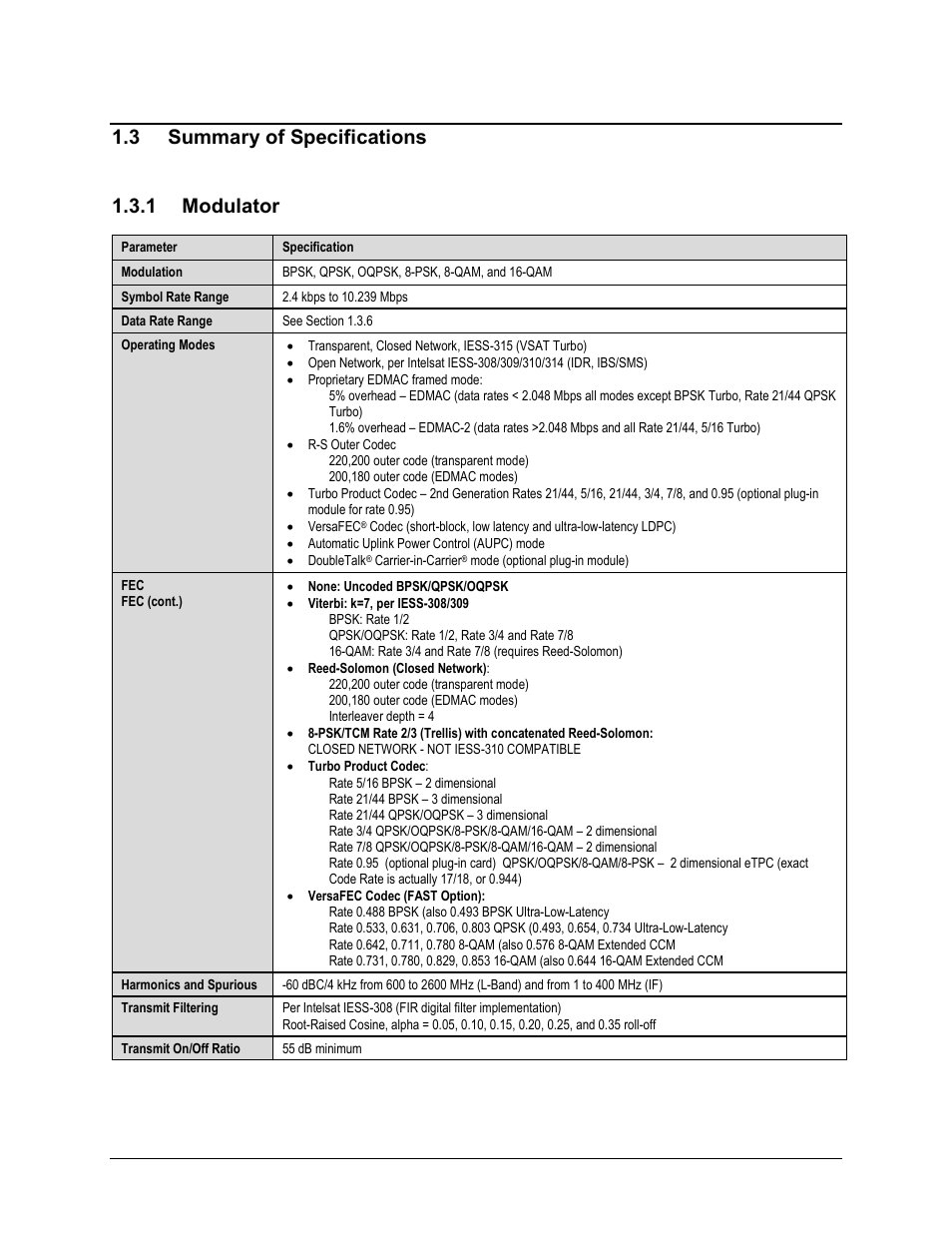 3 summary of specifications, 1 modulator, 3 summary of specifications 1.3.1 modulator | Comtech EF Data CDM-570A User Manual | Page 48 / 618