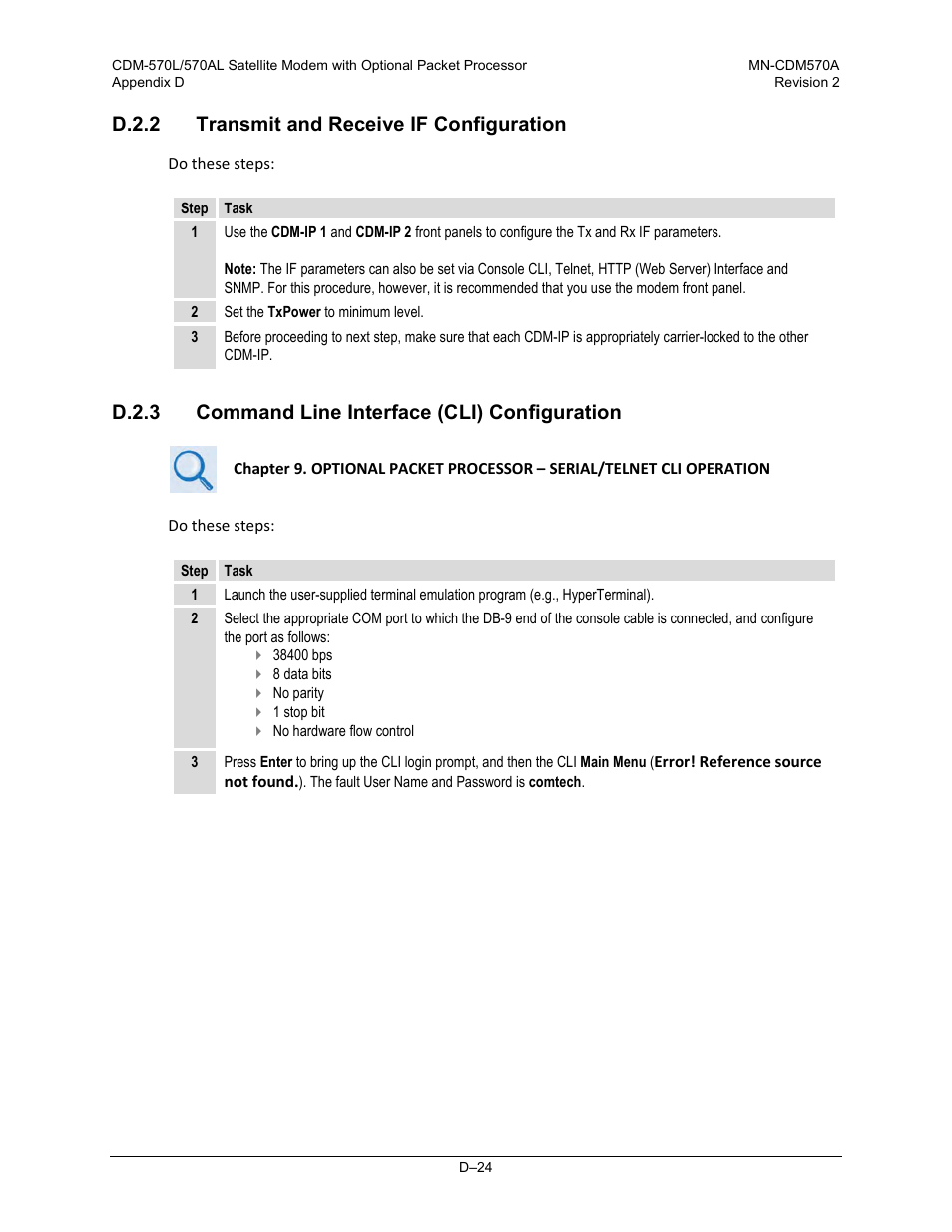 D.2.2 transmit and receive if configuration, D.2.3 command line interface (cli) configuration | Comtech EF Data CDM-570A User Manual | Page 482 / 618