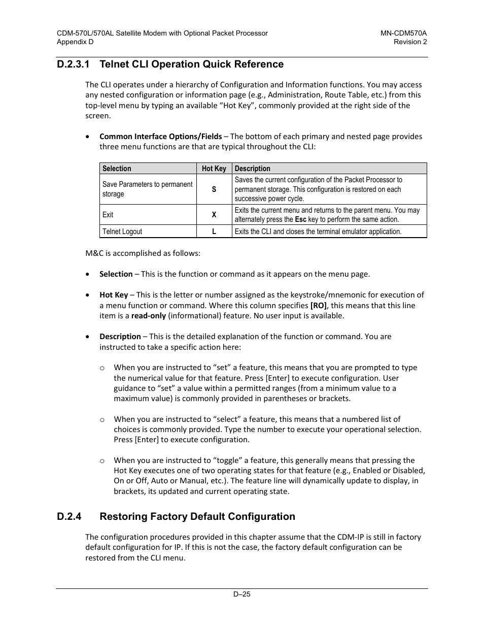 D.2.3.1 telnet cli operation quick reference, D.2.4 restoring factory default configuration | Comtech EF Data CDM-570A User Manual | Page 483 / 618