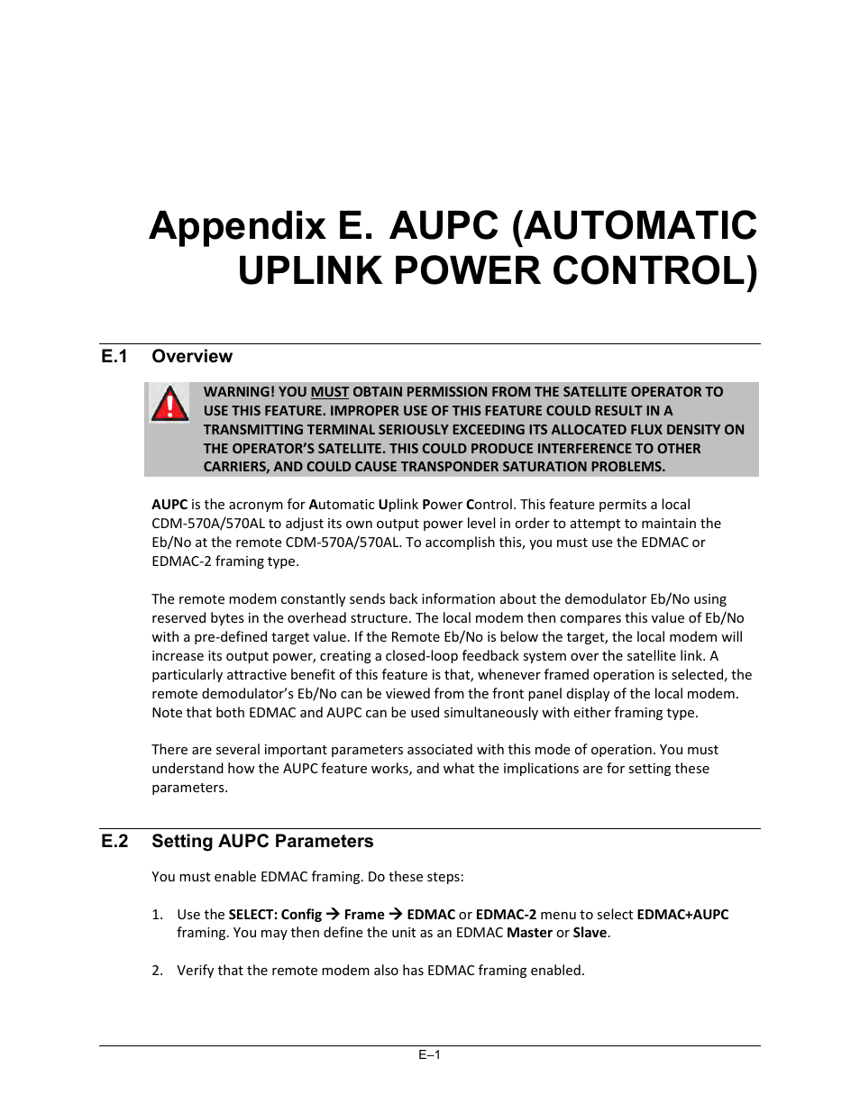 Appendix e. aupc (automatic uplink power control), E.1 overview, E.2 setting aupc parameters | Comtech EF Data CDM-570A User Manual | Page 503 / 618