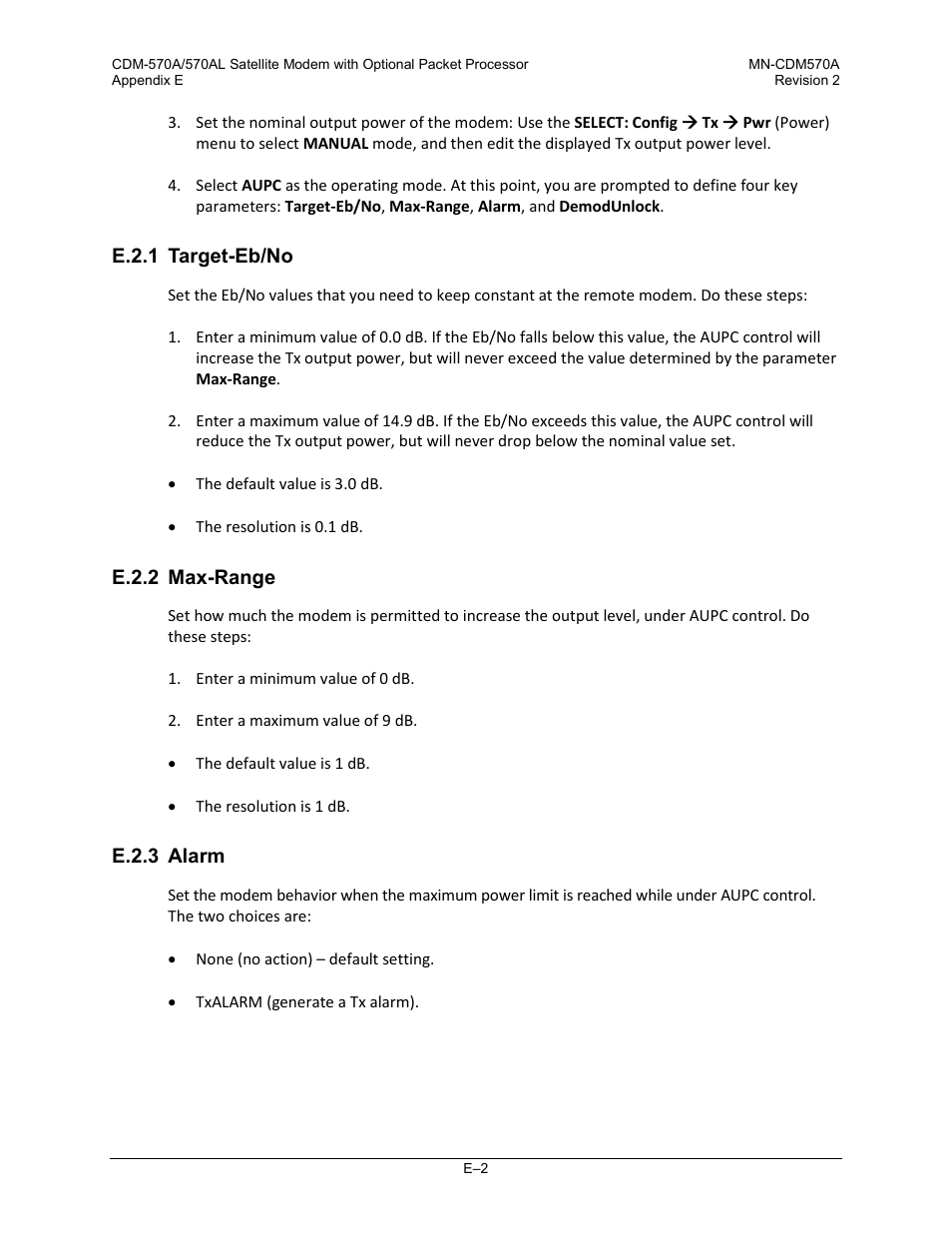 E.2.1 target-eb/no, E.2.2 max-range, E.2.3 alarm | Comtech EF Data CDM-570A User Manual | Page 504 / 618