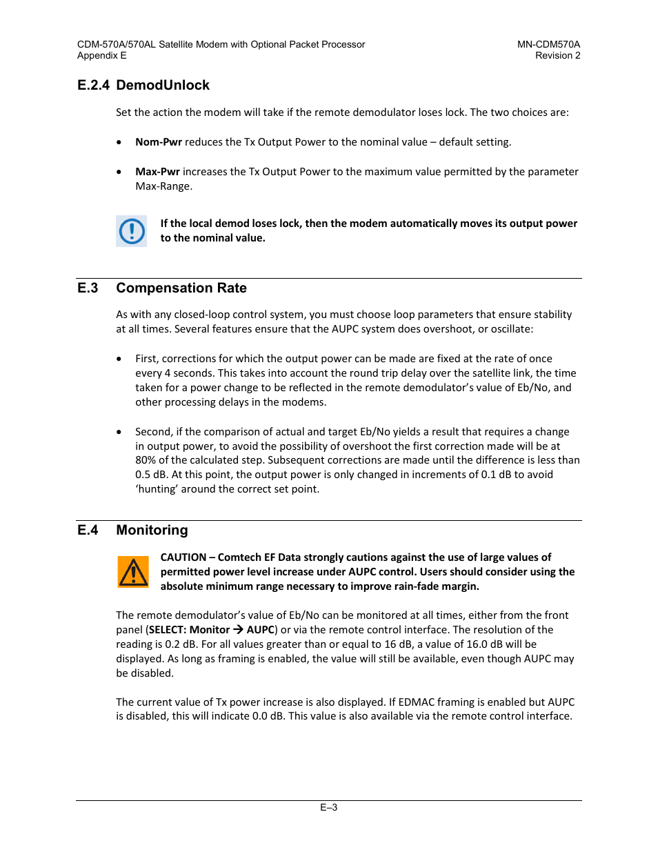 E.2.4 demodunlock, E.3 compensation rate, E.4 monitoring | Comtech EF Data CDM-570A User Manual | Page 505 / 618