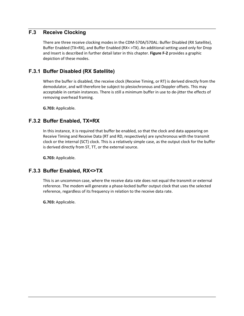 F.3 receive clocking, F.3.1 buffer disabled (rx satellite), F.3.2 buffer enabled, tx=rx | F.3.3 buffer enabled, rx<>tx | Comtech EF Data CDM-570A User Manual | Page 510 / 618