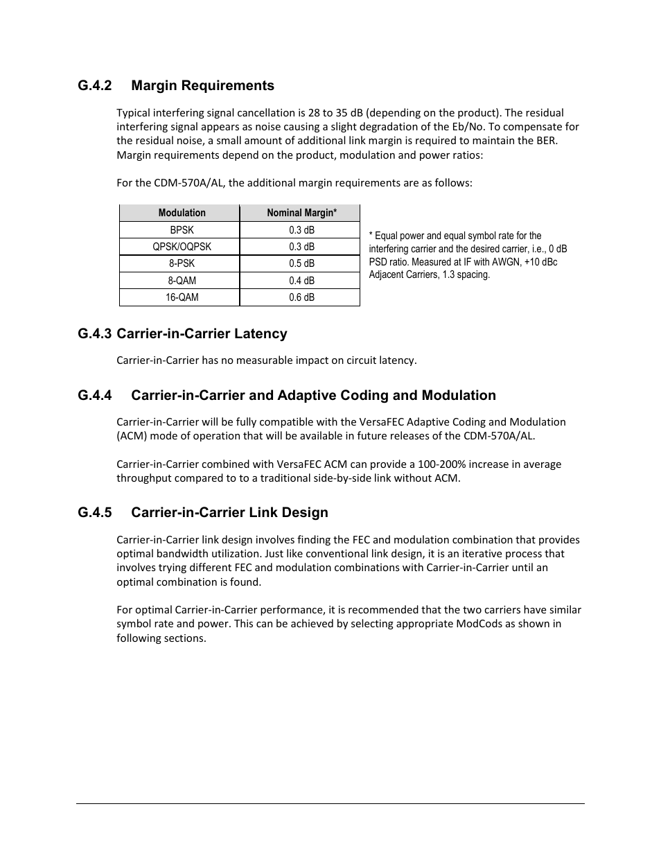 G.4.2 margin requirements, G.4.3 carrier-in-carrier latency, G.4.5 carrier-in-carrier link design | Comtech EF Data CDM-570A User Manual | Page 527 / 618