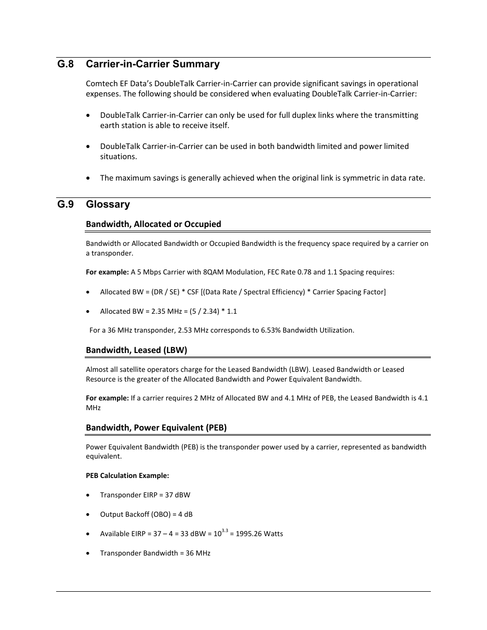 G.8 carrier-in-carrier summary, G.9 glossary, Bandwidth, allocated or occupied | Bandwidth, leased (lbw), Bandwidth, power equivalent (peb) | Comtech EF Data CDM-570A User Manual | Page 547 / 618