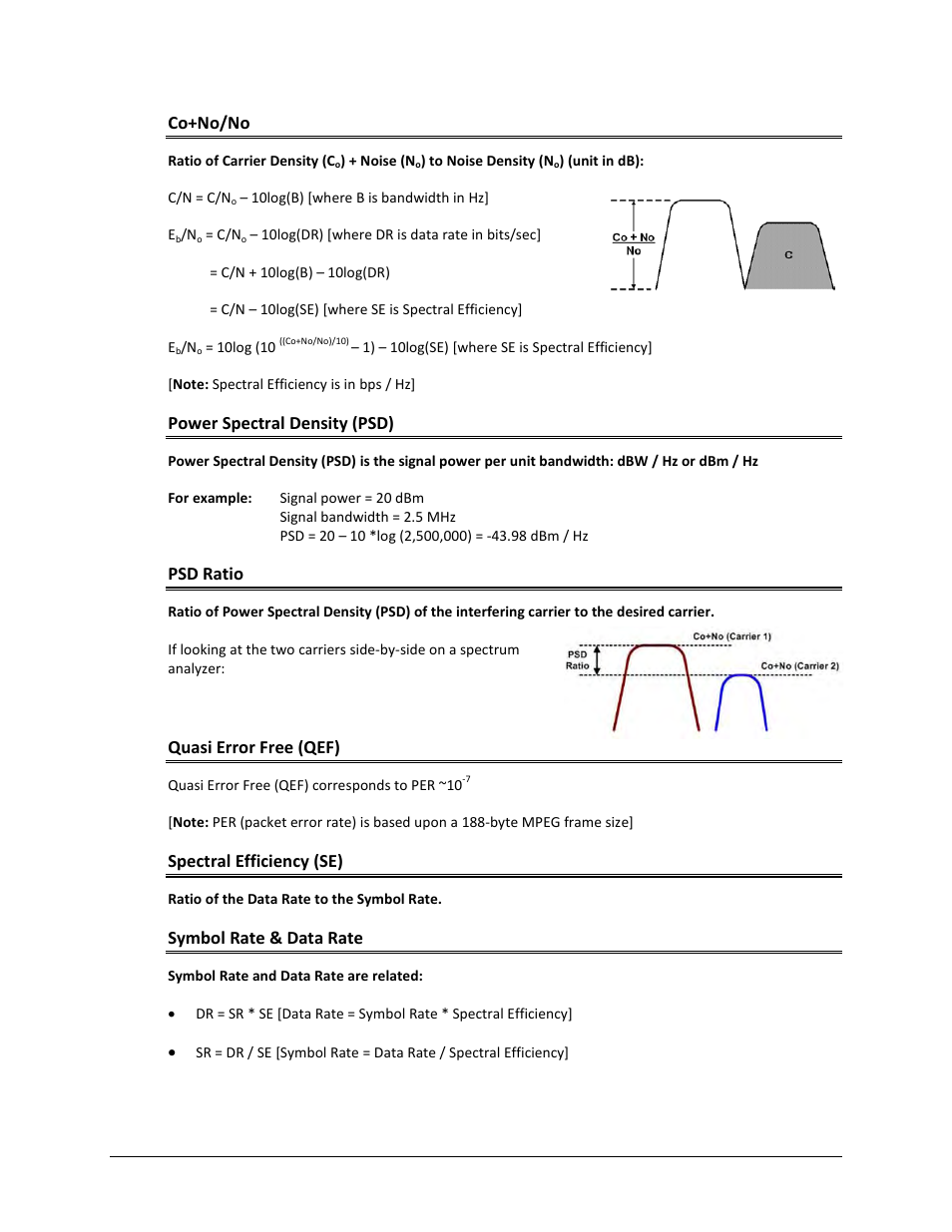 Co+no/no, Power spectral density (psd), Psd ratio | Quasi error free (qef), Spectral efficiency (se), Symbol rate & data rate | Comtech EF Data CDM-570A User Manual | Page 549 / 618