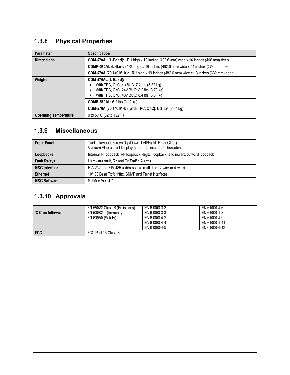 8 physical properties, 9 miscellaneous, 10 approvals | Comtech EF Data CDM-570A User Manual | Page 56 / 618