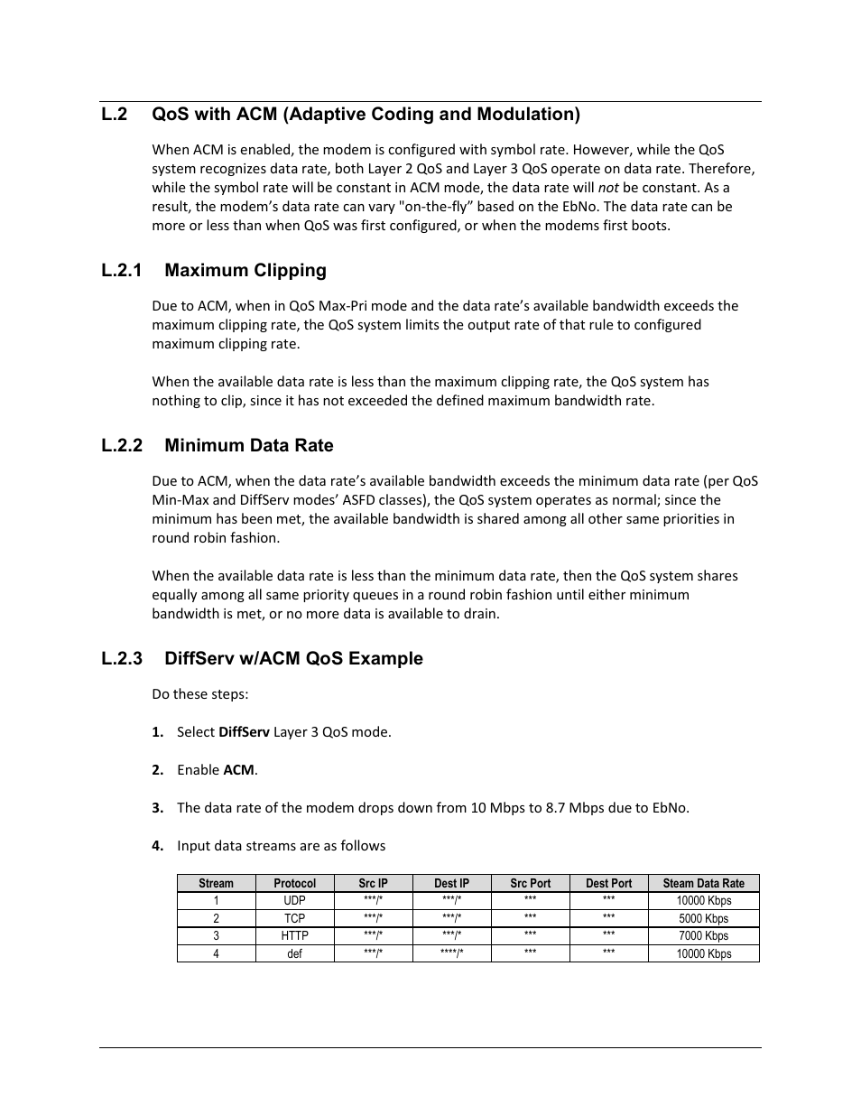 L.2 qos with acm (adaptive coding and modulation), L.2.1 maximum clipping, L.2.2 minimum data rate | L.2.3 diffserv w/acm qos example | Comtech EF Data CDM-570A User Manual | Page 572 / 618