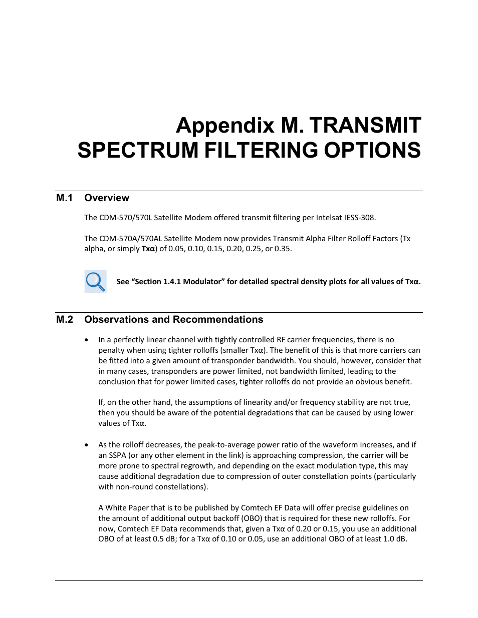 Appendix m. transmit spectrum filtering options, M.1 overview, M.2 observations and recommendations | Appendix m. transmit, Spectrum, Filtering, Options | Comtech EF Data CDM-570A User Manual | Page 577 / 618