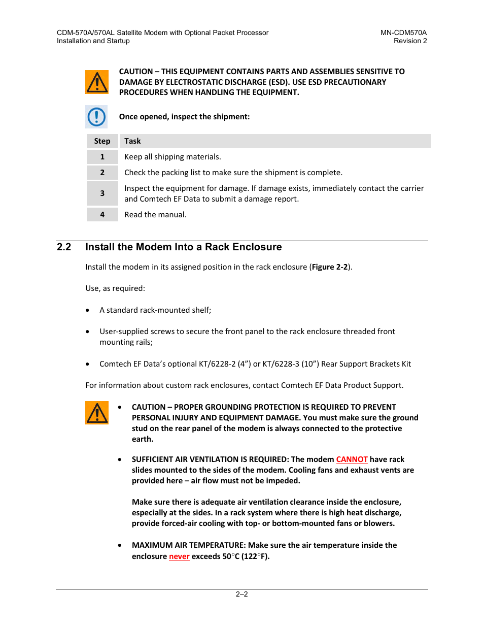 2 install the modem into a rack enclosure | Comtech EF Data CDM-570A User Manual | Page 58 / 618