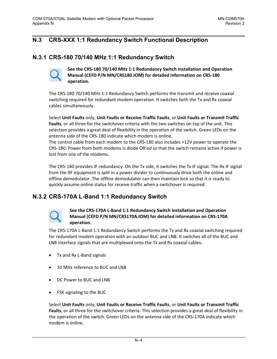 N.3.1 crs-180 70/140 mhz 1:1 redundancy switch, N.3.2 crs-170a l-band 1:1 redundancy switch | Comtech EF Data CDM-570A User Manual | Page 582 / 618