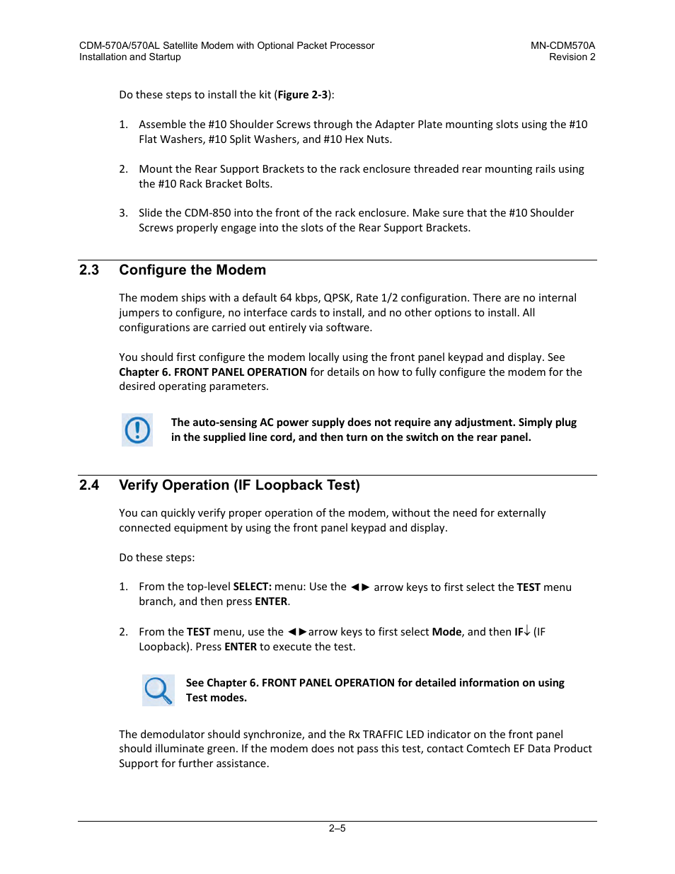 3 configure the modem, 4 verify operation (if loopback test) | Comtech EF Data CDM-570A User Manual | Page 61 / 618