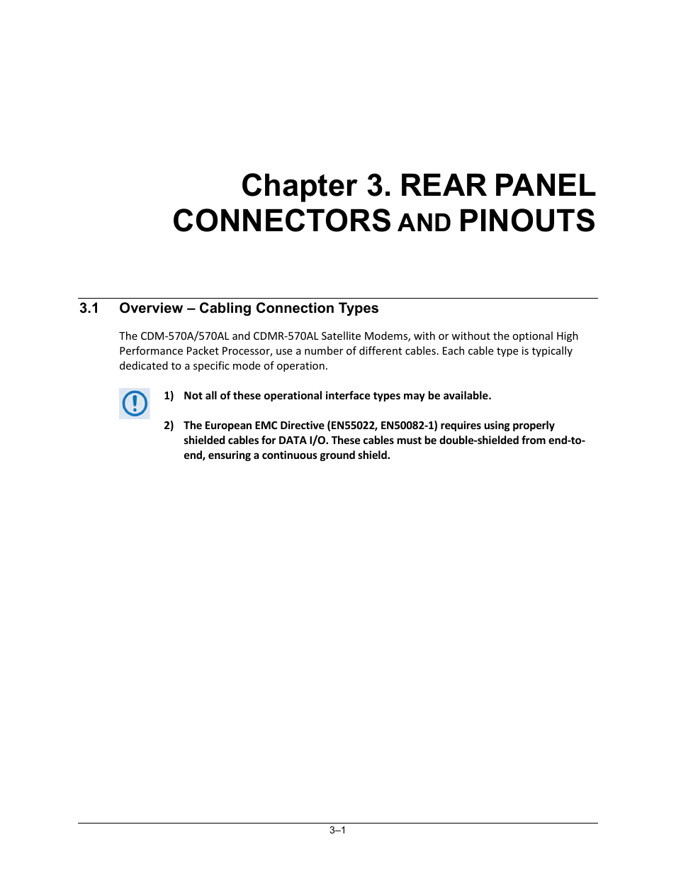 Chapter 3. rear panel connectors and pinouts, 1 overview – cabling connection types, Chapter 3. rear | Panel, Connectors, Pinouts | Comtech EF Data CDM-570A User Manual | Page 63 / 618