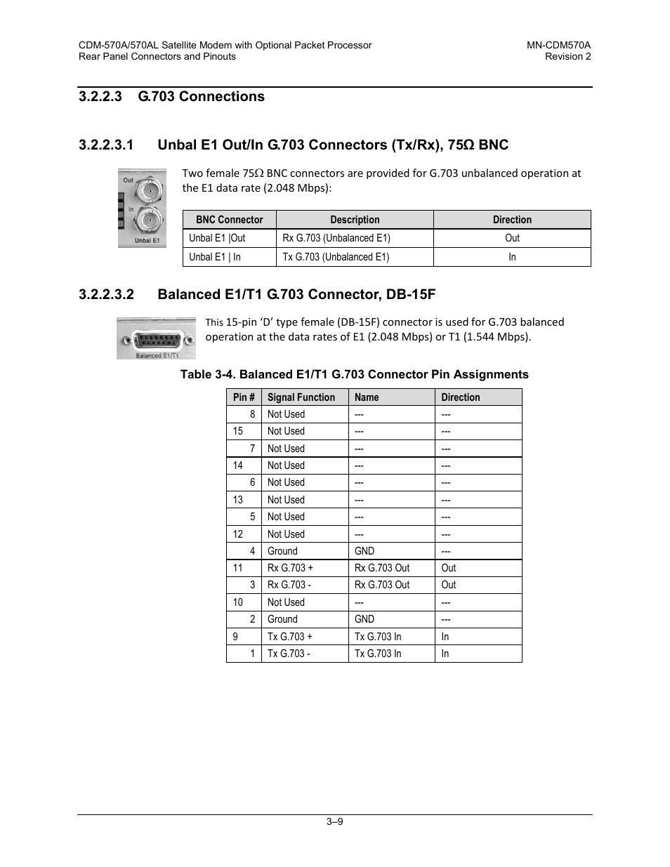 3 g.703 connections, 2 balanced e1/t1 g.703 connector, db-15f | Comtech EF Data CDM-570A User Manual | Page 71 / 618