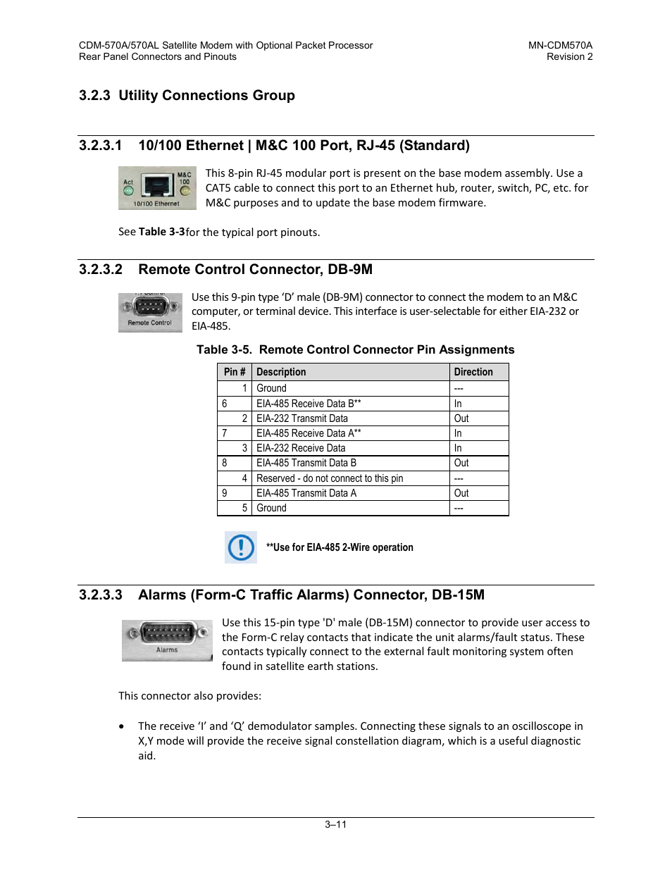 3 utility connections group, 1 10/100 ethernet | m&c 100 port, rj-45 (standard), 2 remote control connector, db-9m | 3 alarms (form-c traffic alarms) connector, db-15m | Comtech EF Data CDM-570A User Manual | Page 73 / 618