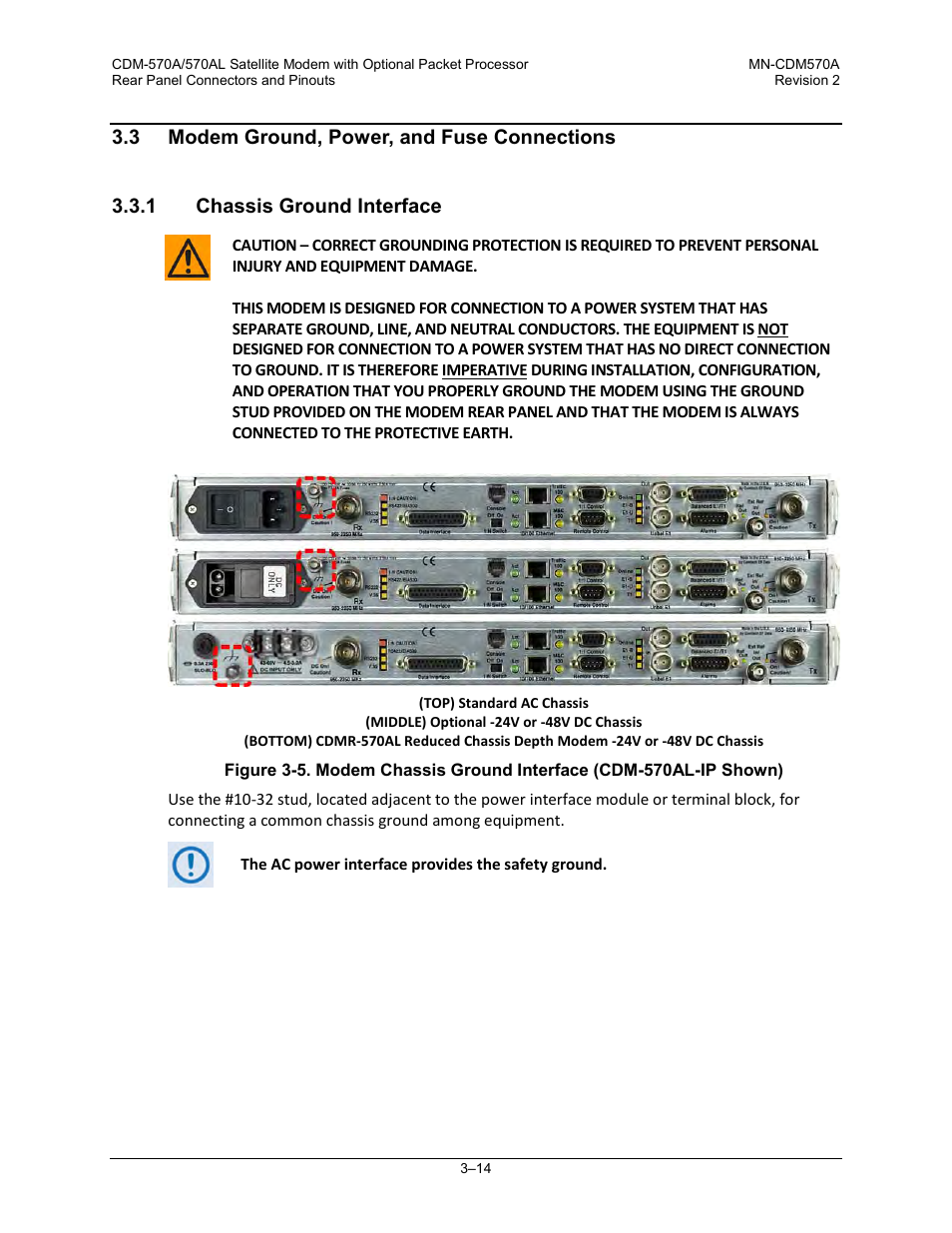 3 modem ground, power, and fuse connections, 1 chassis ground interface | Comtech EF Data CDM-570A User Manual | Page 76 / 618