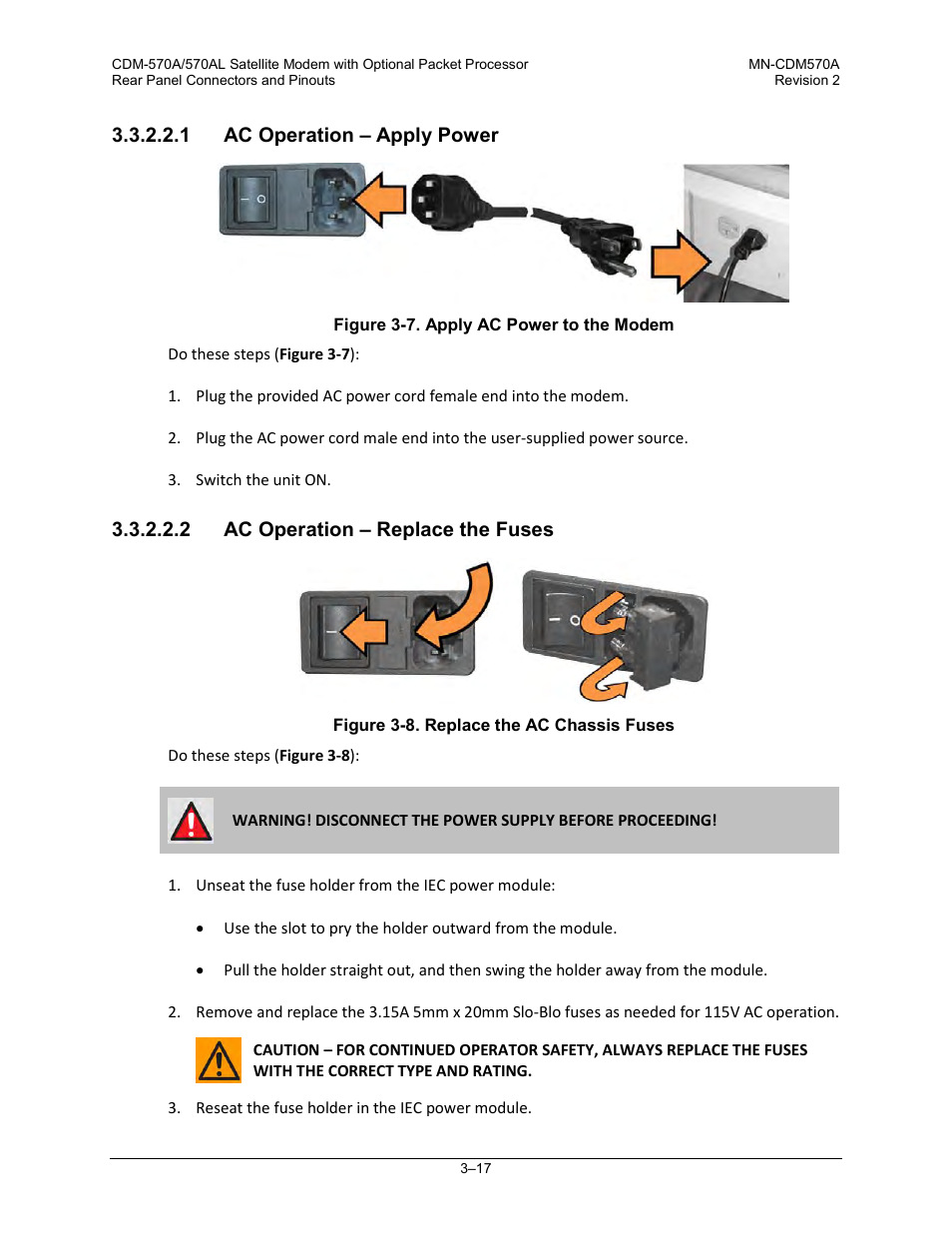 1 ac operation – apply power, 2 ac operation – replace the fuses | Comtech EF Data CDM-570A User Manual | Page 79 / 618