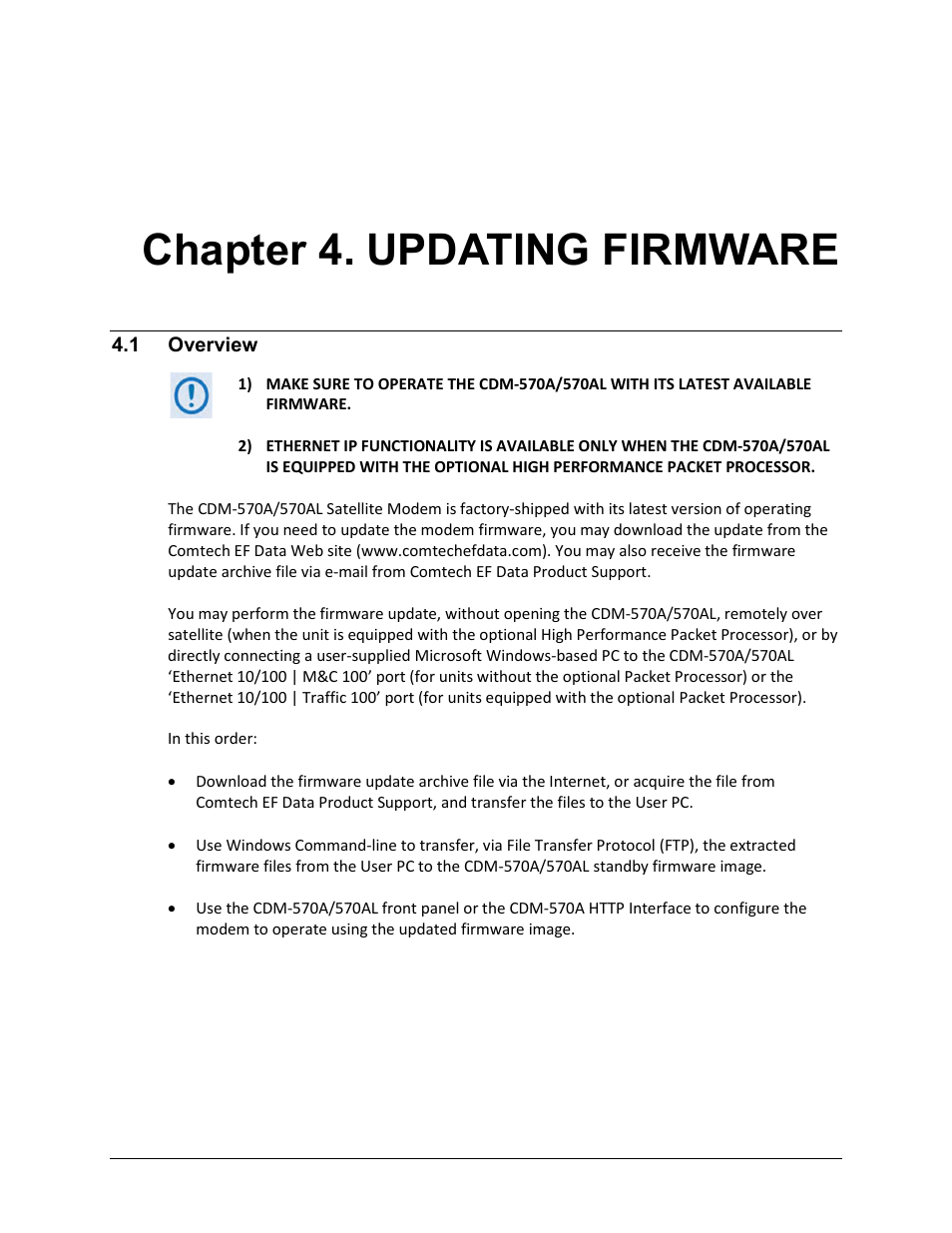 Chapter 4. updating firmware, 1 overview | Comtech EF Data CDM-570A User Manual | Page 85 / 618