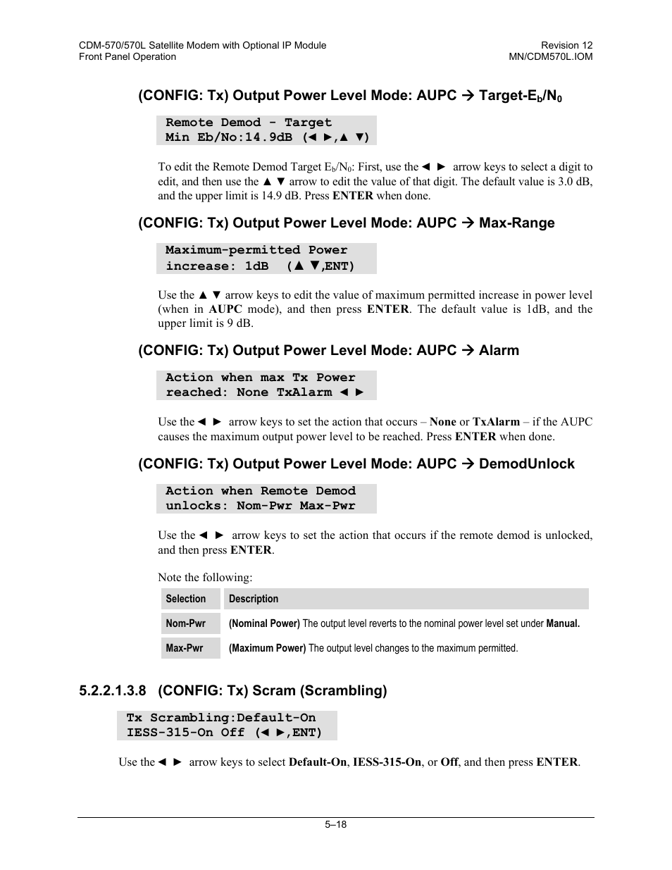 8 (config: tx) scram (scrambling) | Comtech EF Data CDM-570 User Manual | Page 104 / 512