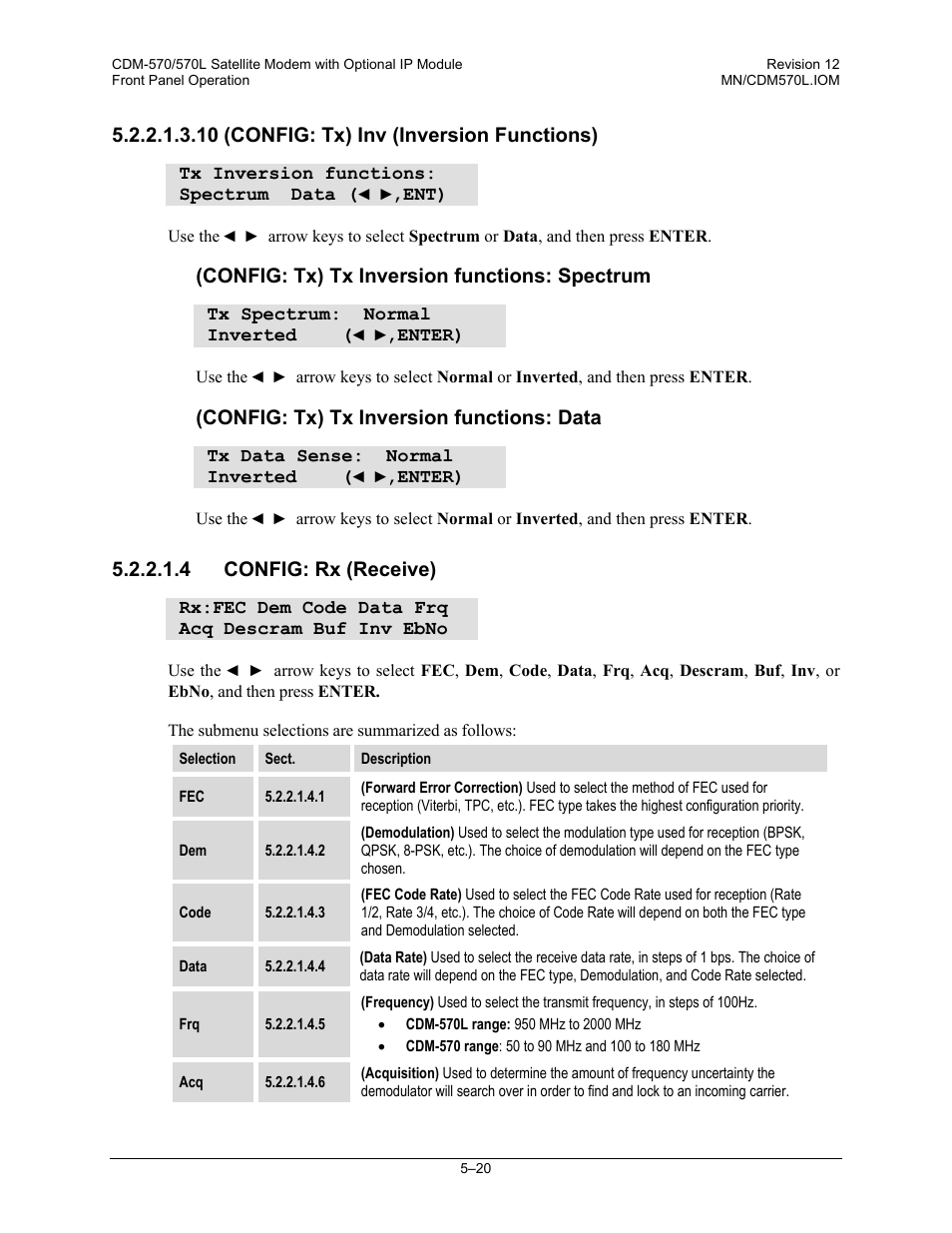 10 (config: tx) inv (inversion functions), 4 config: rx (receive), Config: tx) tx inversion functions: spectrum | Config: tx) tx inversion functions: data | Comtech EF Data CDM-570 User Manual | Page 106 / 512