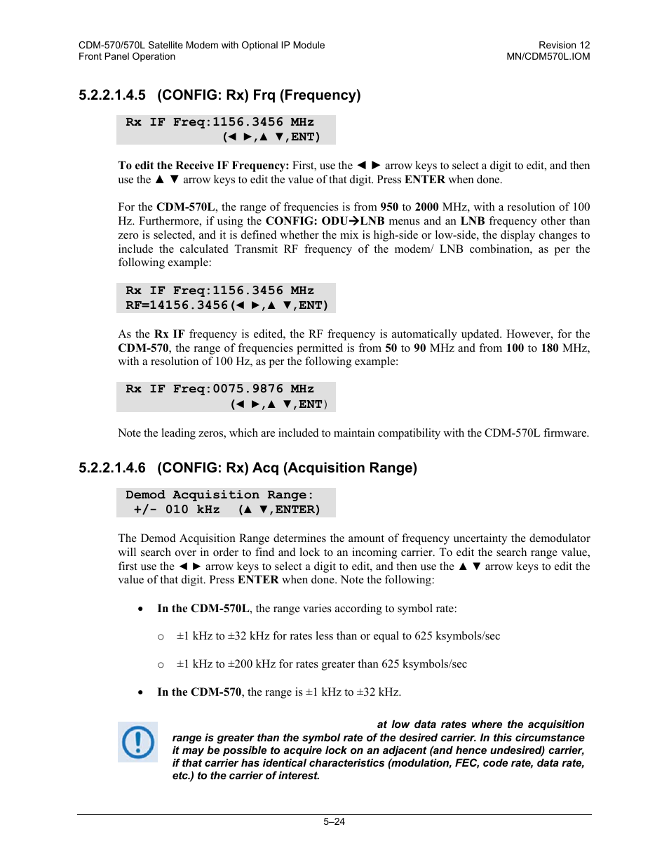 5 (config: rx) frq (frequency), 6 (config: rx) acq (acquisition range) | Comtech EF Data CDM-570 User Manual | Page 110 / 512